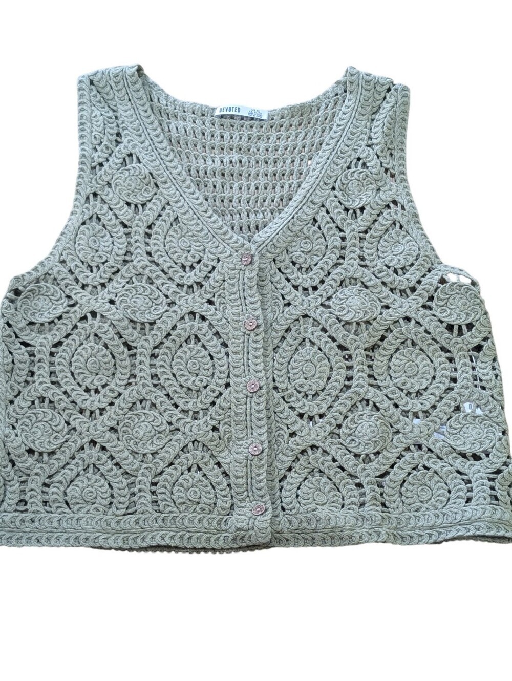 Devoted Pure Cotton Crochet Button-Front Crop Vest in Sage